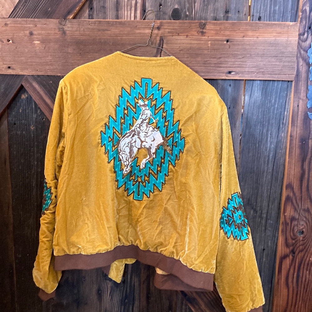 Crazy Train mustard jacket with turquoise and bead detailing .